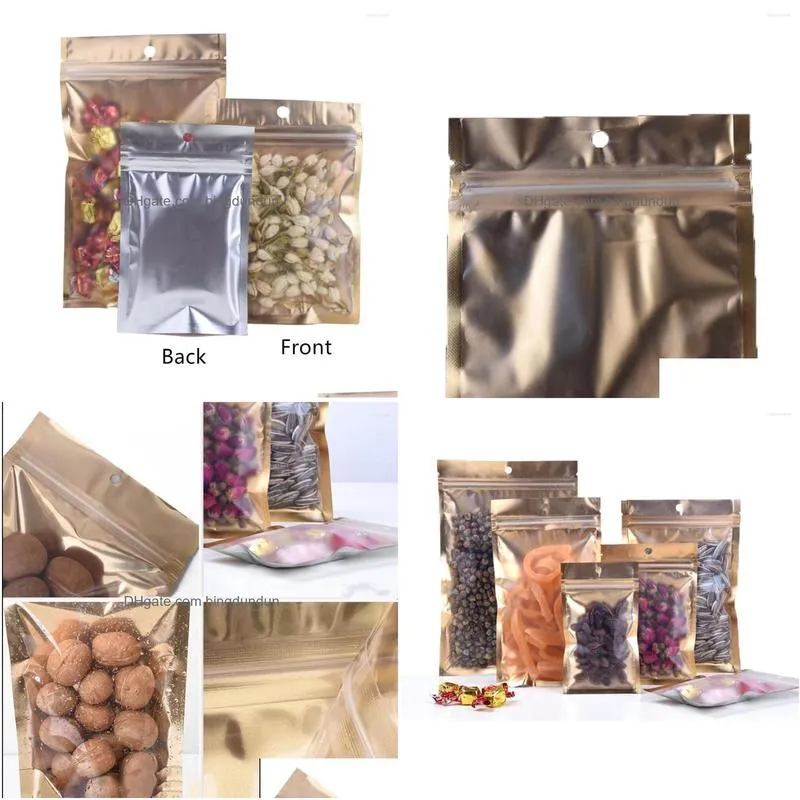 Storage Bags 100Pcs/Lot Matte Aluminum Foil Inner Gold Outer Silver Transparent Bag Notch Food Dried Fruits Hang Hole Tear