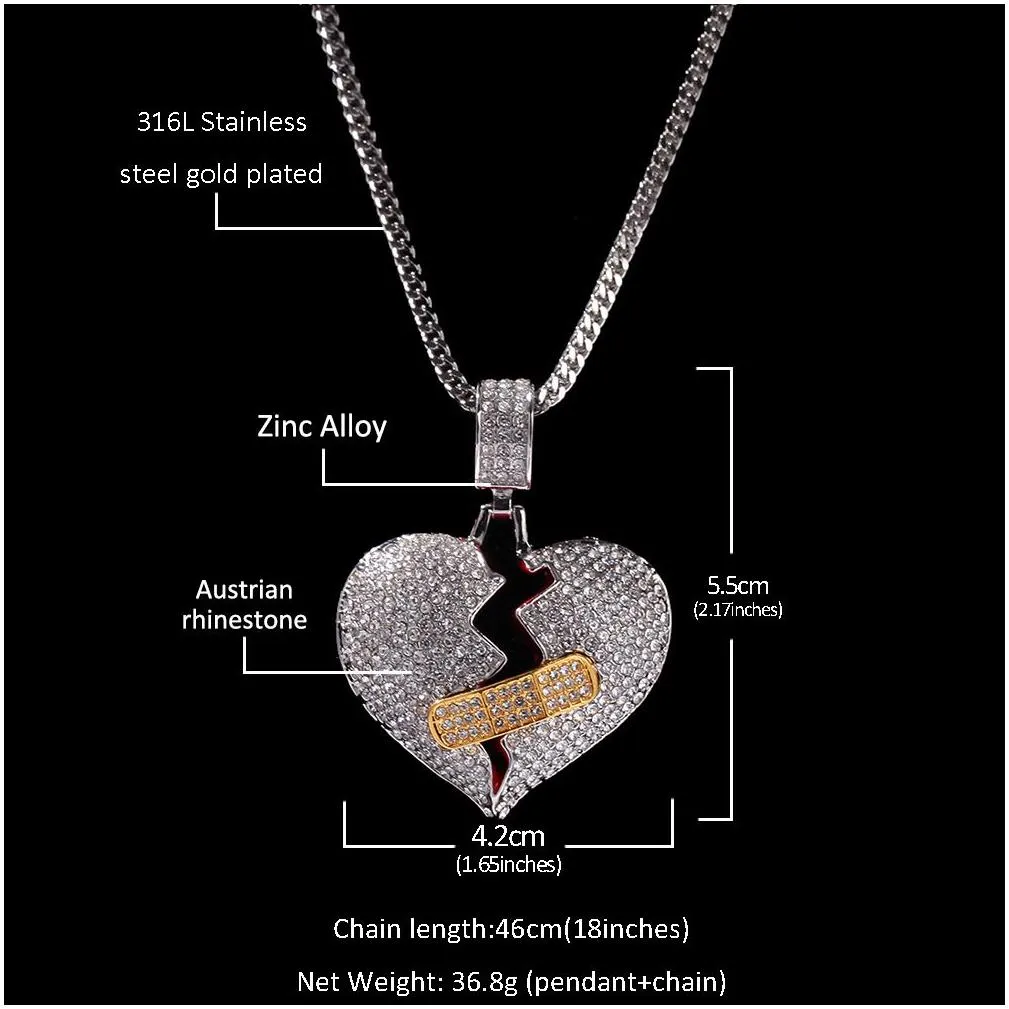 hip-hop full diamond studded broken heart necklace men women alloy band aid love necklaces pendant jewelry accessories