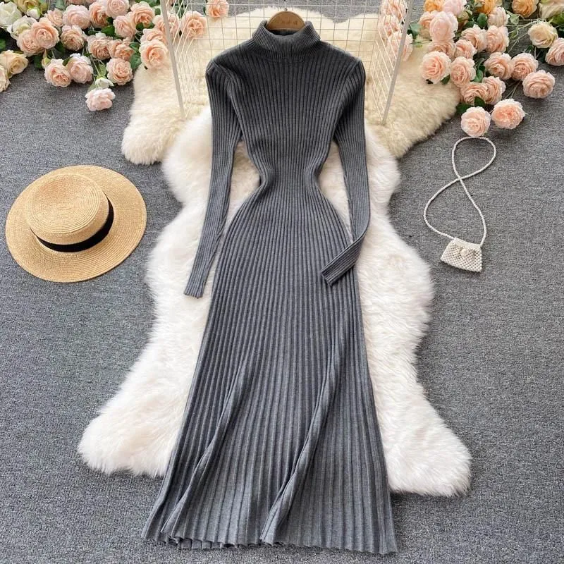 Casual Dresses Autumn And Winter Fashionable High-neck Solid Color Long-sleeved Dress High-waist Slim Bottoming Knitted Long Skirt