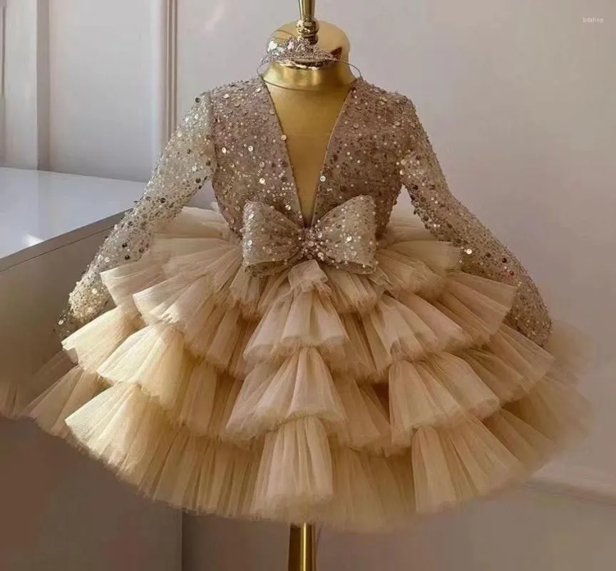 Girl Dresses Cute Sequined Pageant Gowns For Christmas Tutu Girls Flower Elegant Puffy Sleeve Dress Ball