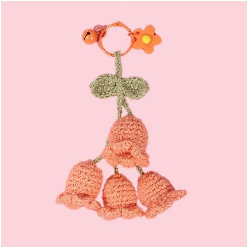 fashion hand-hook woven wool flower keychains girl schoolbags cute keychain pendant bell hanging jewelry accessories gift lady