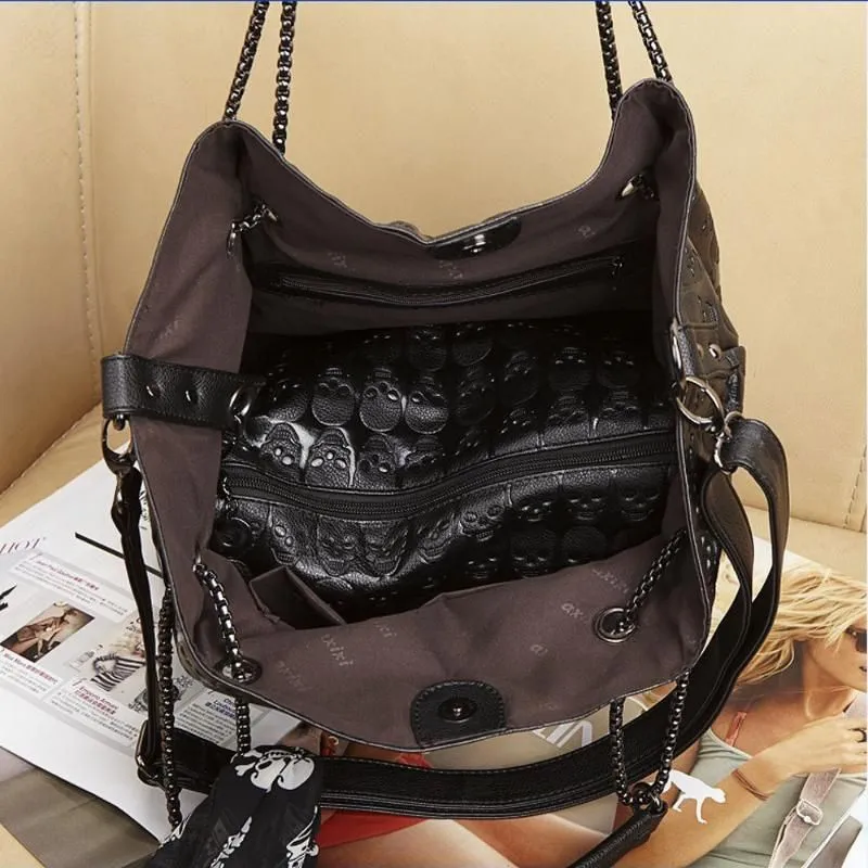 Outdoor Bags Fashion Skull Skeleton Chain Luxury Hangbag Women Handbag Shoulder Bag Lady Vintage Leather Tote Bucket8772976