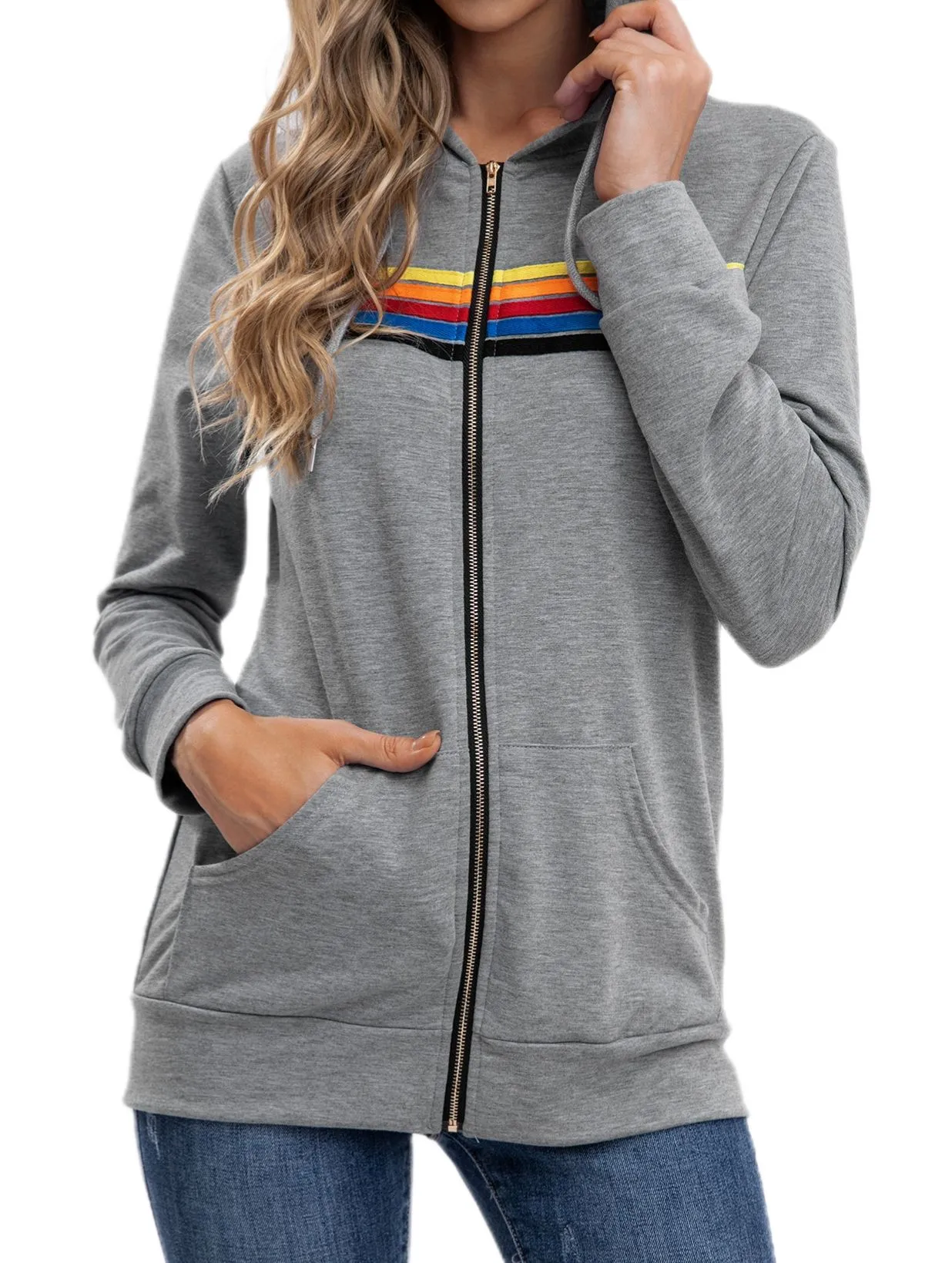 Women`s Hoodies & Sweatshirts Women Fashion Hoodie Oversized Rainbow Stripe Long Sleeve Sweatshirt Zipper Pocket Coat Jacket Spring Casual