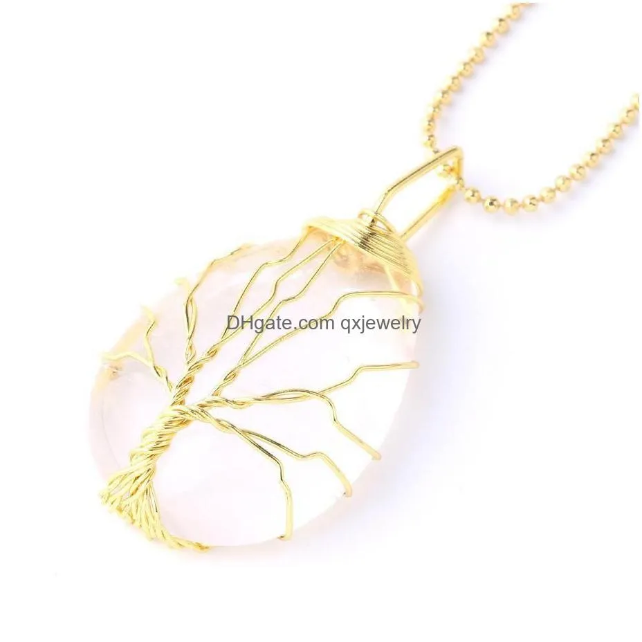 Pendant Necklaces 2022 New Natural Gemstone Crystal For Men Women Rose Quartz Tiger Eye Opal Tree Of Life Pendants With Gold Sier Drop Dhima