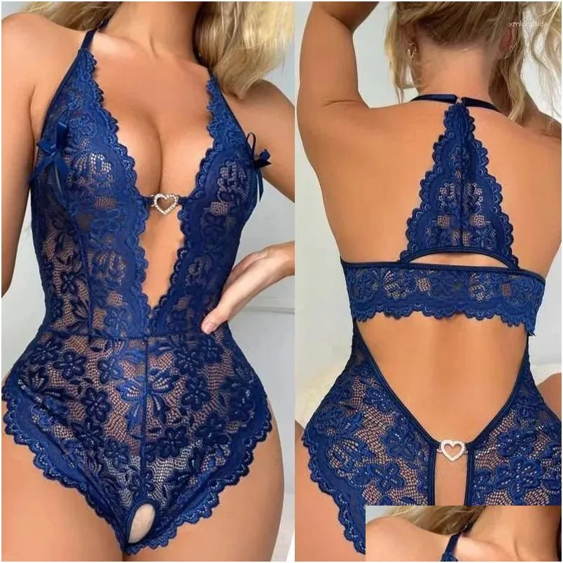 Women`s Sleepwear One Piece Close Fitting Clothes Transparent Lace Sexy V-neck Backless Crotch Free Open Lingerie Mini Short