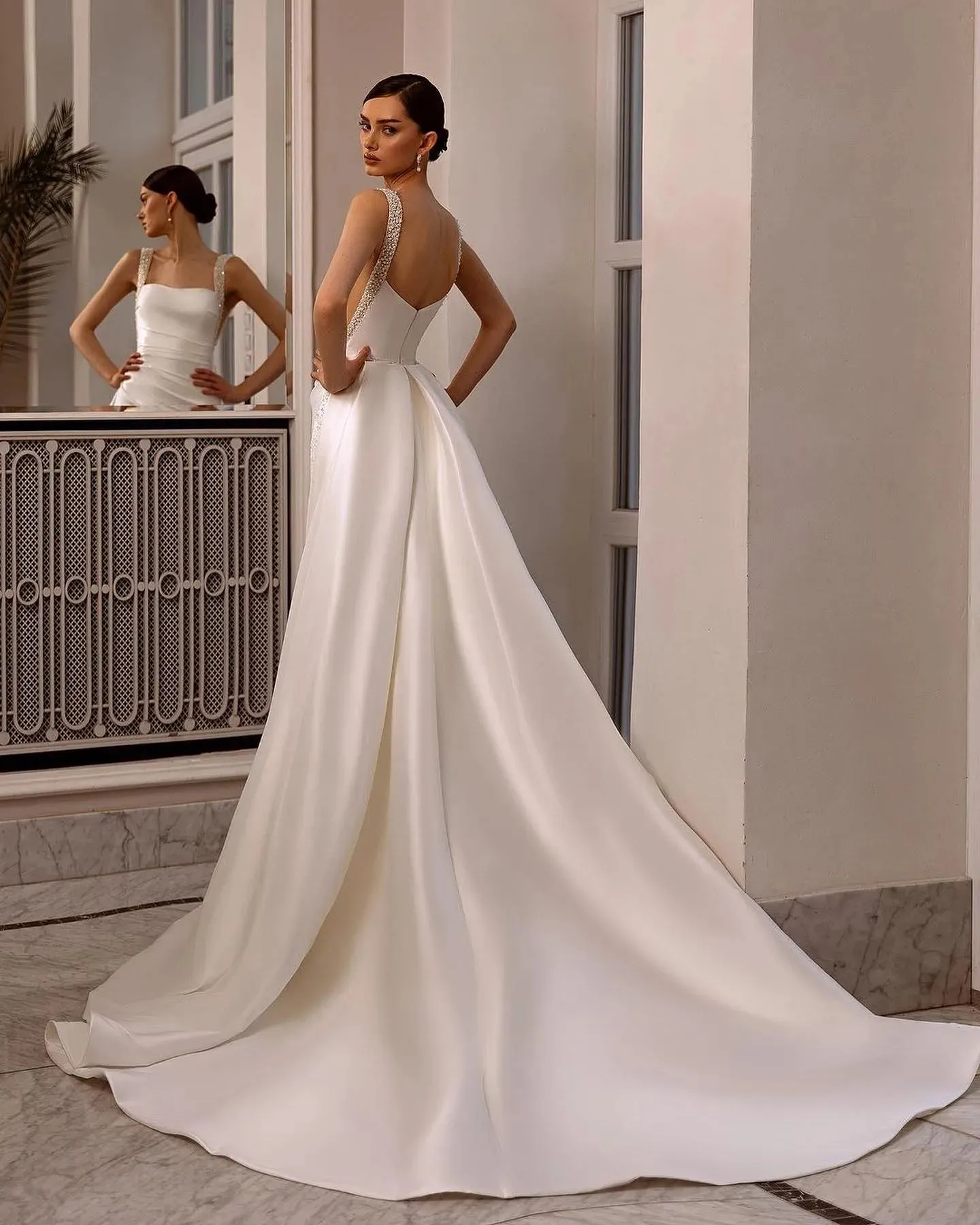 Glamorous Mermaid Wedding Dresses Overskirts Pearls Beads Straps Satin Wedding Dress Sweep Train robe de mariee bridal gowns