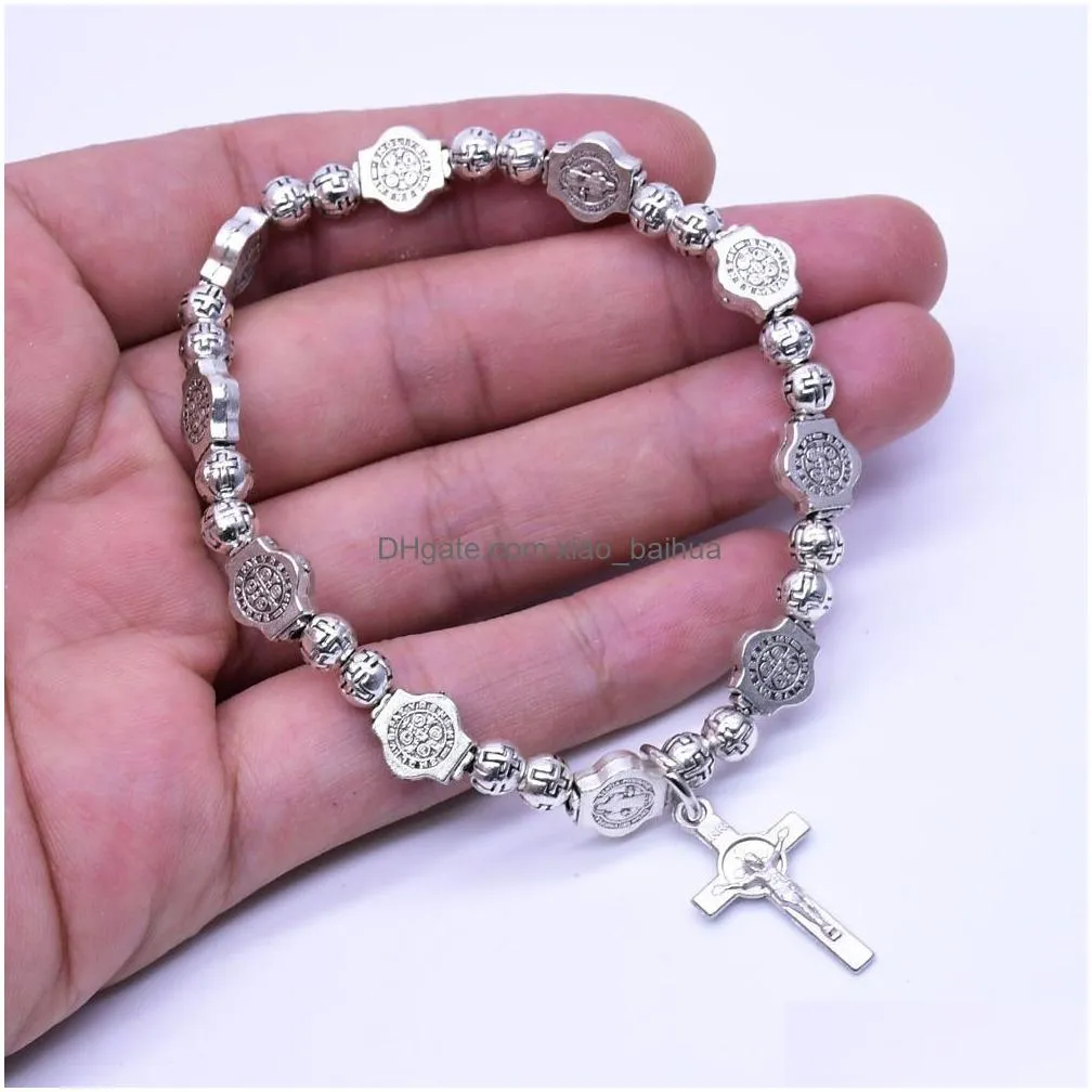 st. benedict antique silver cross bead bracelet christ cross icon bracelet beaded bracelet