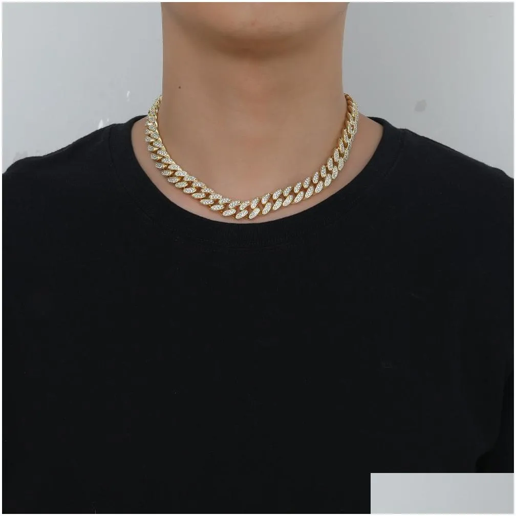 european american 12mm hip-hop full diamond cuban chains necklace bracelets set mens rap rope choker alloy bracelet jewelry