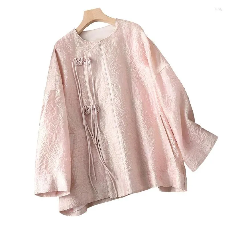 Women`s Hoodies 2024 Spring/Summer Chinese Round Neck Long Sleeved Coat Gold Embossed Loose Wrapped Button Top