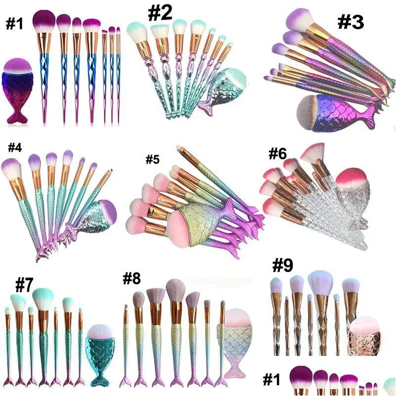 8pcs Makeup Brushes Set Mermaid Shaped Foundation Powder Eyeshadow Blusher Contour Brush Kit Tool DHL free