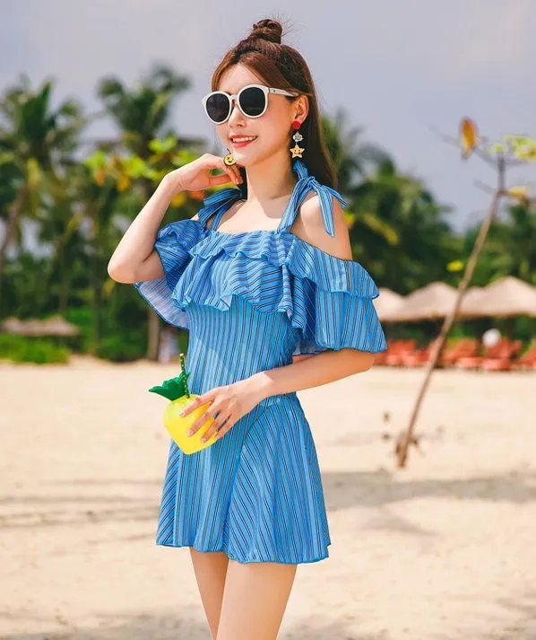 Women Summer Dress Ruffle Plus Size Sleeve Off Shoulder Slash Neck Beach Dress Elegant Wide Strappy Dresses