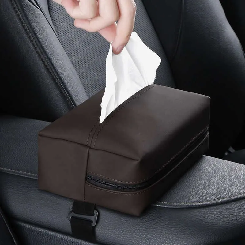 New Car Tissue Box Holder Nappa Leather Car Center Console Armrest Napkin Box Sun Visor Backseat Tissue Case with Fix Strap