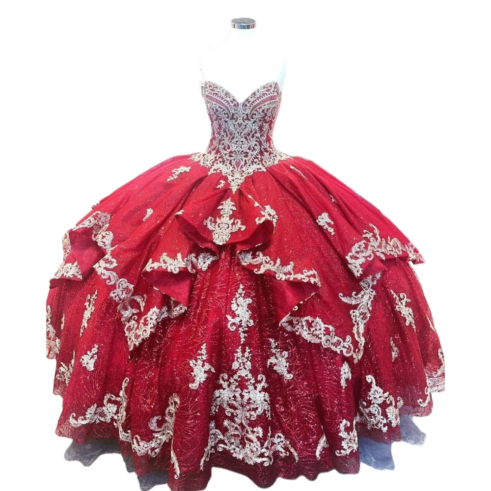 2024 Sexy Luxury Dark Red Quinceanera Dresses Gold Lace Appliques Crystal Beads Sweetheart Corset Back Ruffles Sweep Train Ball Gown Party Prom Evening Gowns