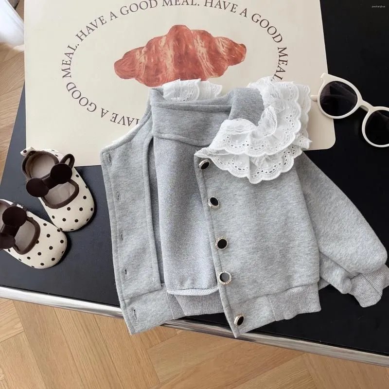 Jackets Korean Kids Clothes Girls Coat Autumn Lace Collar Baby Girl Cardigan Solid Simple Toddler Cotton Jacket Children`s Outerwear