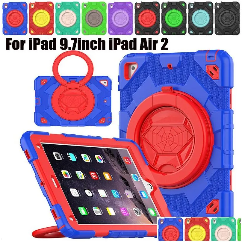 360 Rotating Stand Handle Grip Case For IPad Pro 9.7 inch Air 2 Silicone PC Hybrid Armor Protective Cover Kids Safe Shockproof Cases with Shoulder Straps+Screen PET