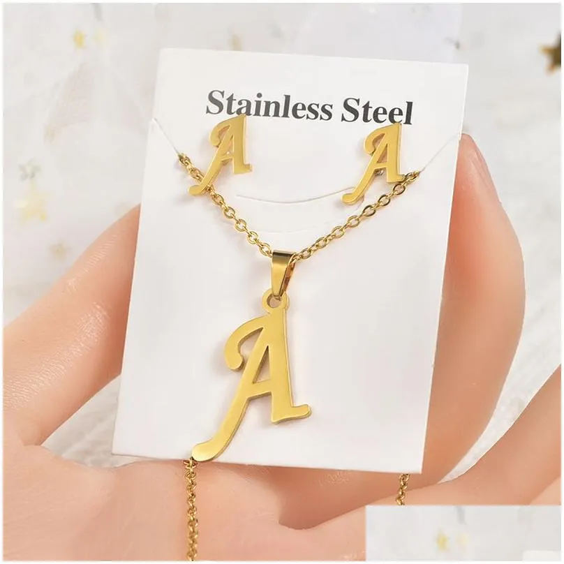 26 english letters titanium jewelry set stainless steel pendant earrings stud necklaces sets gold plated pendant accessories gift for men