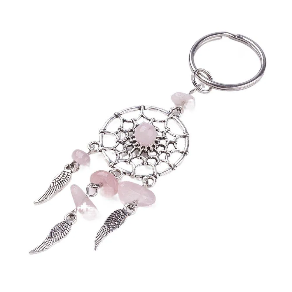 crystal chips dream catchers metal tassel wings healing keychain keyring pink quartz amethyst green aventurine