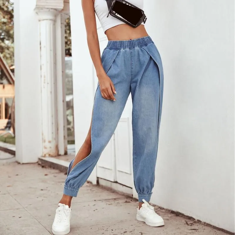 Fashion Jeans Women Casual Loose Ladies` High Waist Denim Split Legs Denim Sports Pants Korean Streetwear Jeans mujer L42