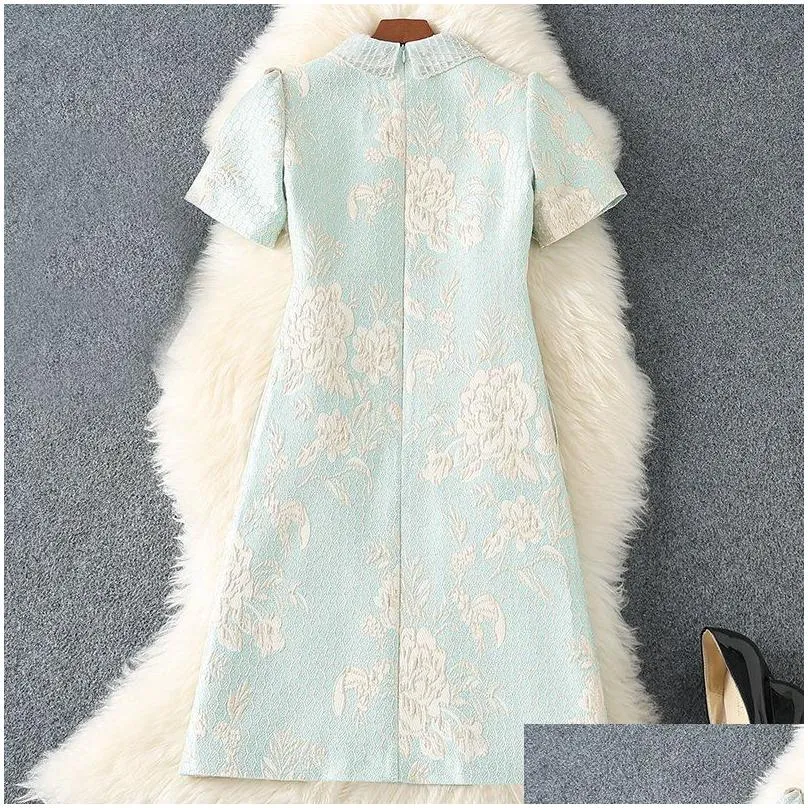 2023 Summer Pink Floral Beaded Jacquard Dress Short Sleeve Peter Pan Neck Panelled Short Casual Dresses M3M03B740