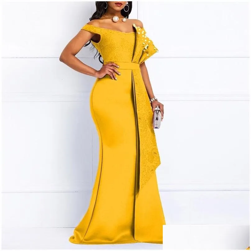 Yellow Dress Long For Women Off Shoulder Sexy Mermaid Beads Skinny Prom Floor Length Evening Dinner Wedding Party Maxi Dresses 210510