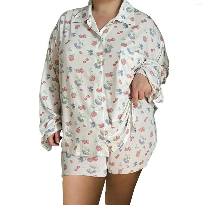 Women`s Sleepwear Y2k 2 Piece Pajama Set For Women Cute Floral Fruit Print Long Sleeve Button Shirt Side Split Shorts Outfits