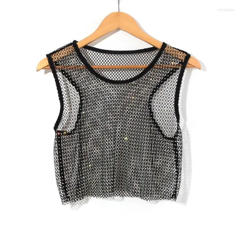 Women`s Tanks Leqoel Crystal Diamond Mesh Tops For Women Small Vest Round Collar Shirt Tank Fishnet Slim Fit Cropped Navel Short