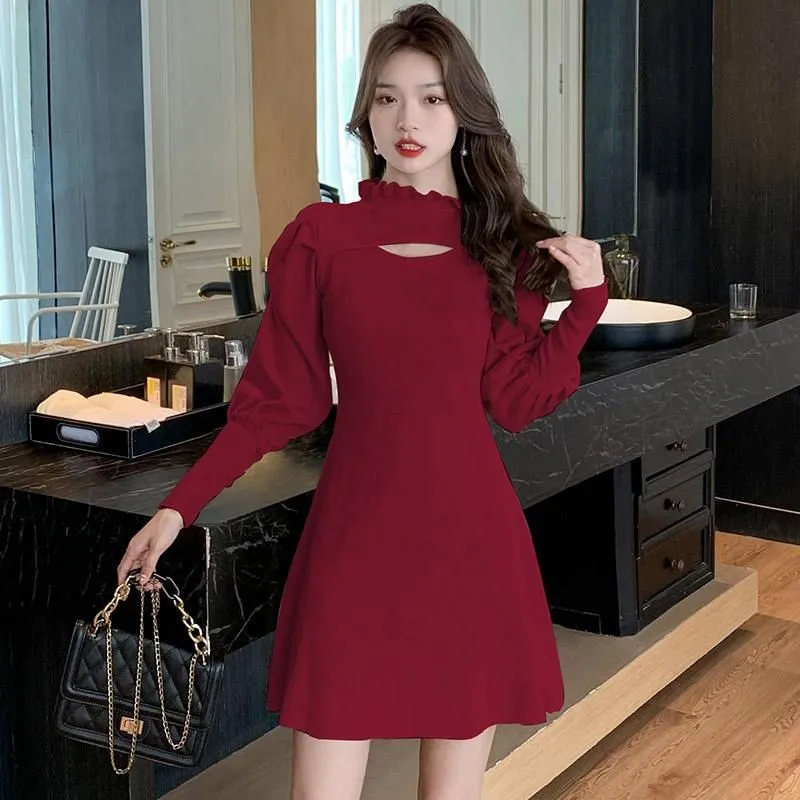 Casual Dresses Women One Piece Dress Autumn 2023 Office Lady Korea Style Knitting Long Sleeve Patchwork Solid Black Robe