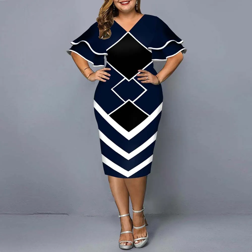 Plus Size Dresses Women Dress Elegant Geometric Print Evening Party Dress Casual Layered Bell Sleeve Office Bodycon Club Outfits