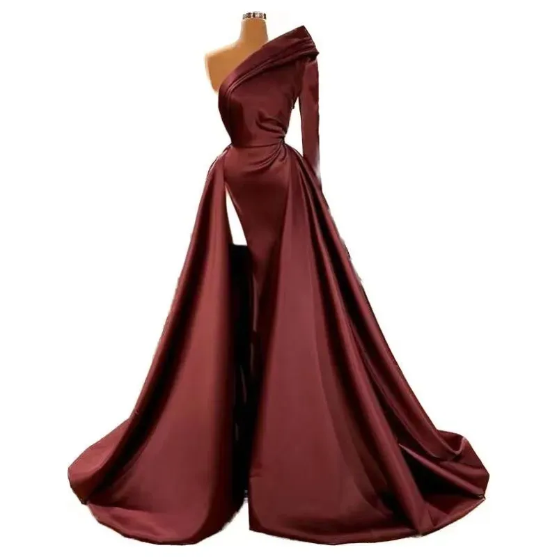 Burgundy Satin Middle East Mermaid Prom Dresses With Detachable Train One Shoulder Thigh High Split Long Sleeve Evening Gowns Arabic Aso Ebi Formal Party Wear