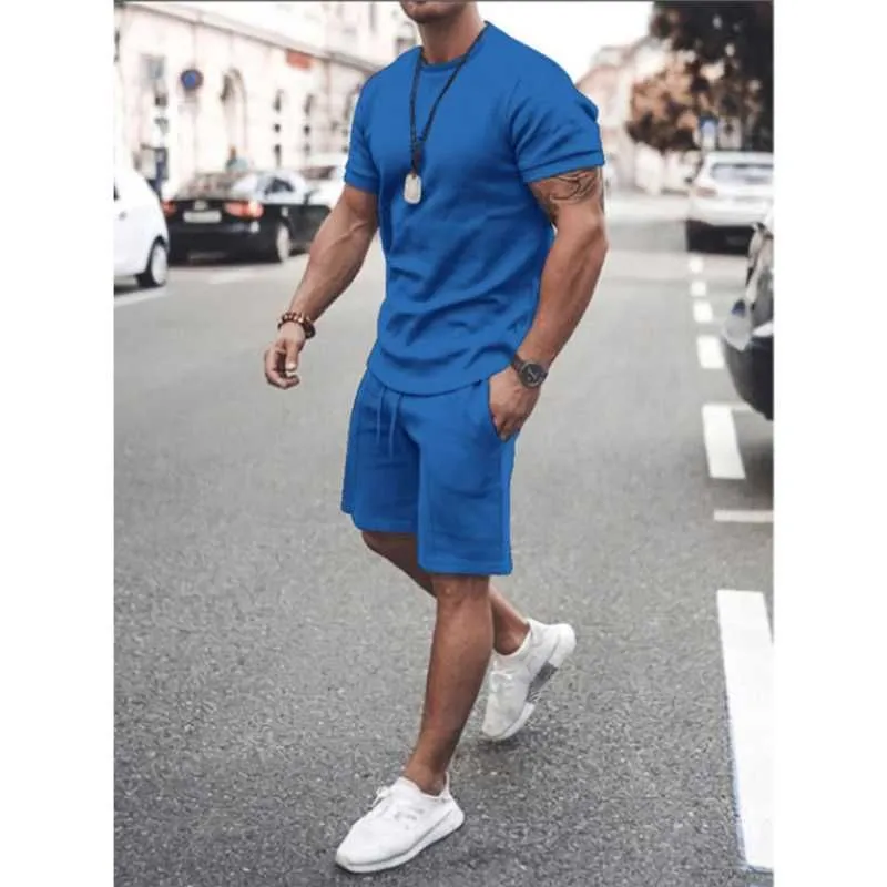 Summer Men Sets Male Tracksuit Set Casual Solid Short Sleeve T Shirt & Shorts 2 Pieces