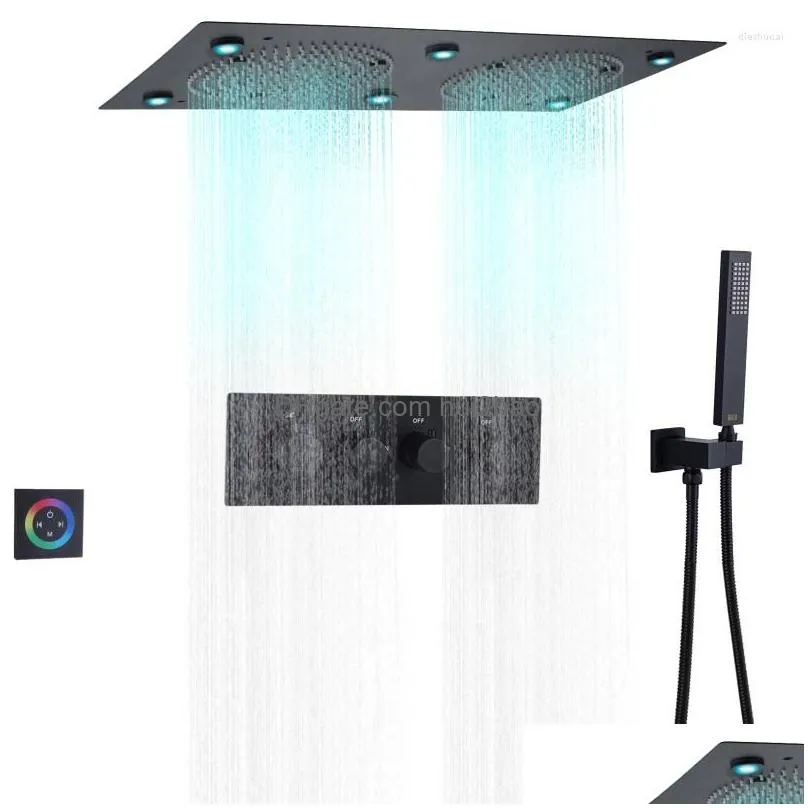 bathroom shower sets matte black colorful led head ceiling 62x32cm thermostatic rainfall system set