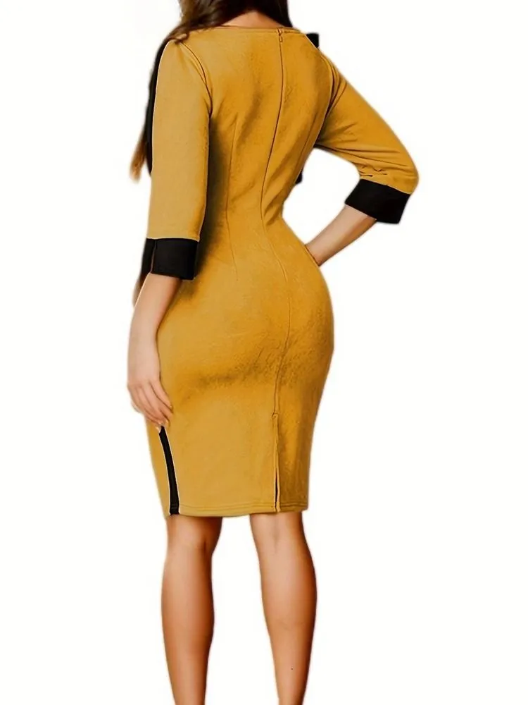 Casual Dresses Summer Arrivals Women Brushed Fabric Church Elegant Hollow Out 3/4 Sleeves Work Office Knee Length Formal Dress
