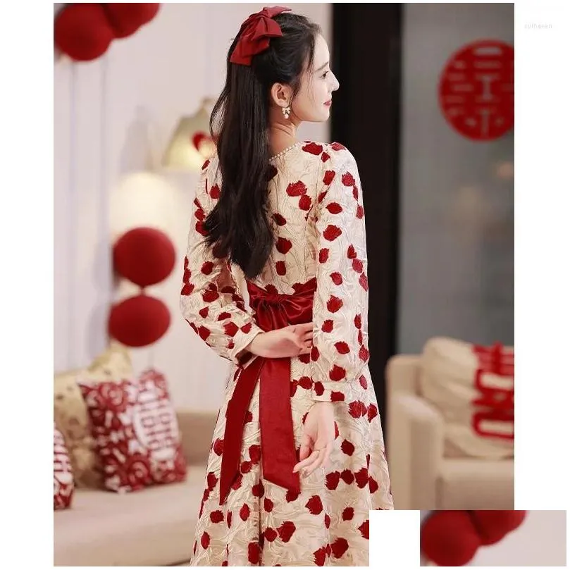 Ethnic Clothing Square Collar Bridal Wedding Dress Chinese Style Qipao Embroider Flower Mesh Cheongsam Elegant Satin Bow Vestidos Robe