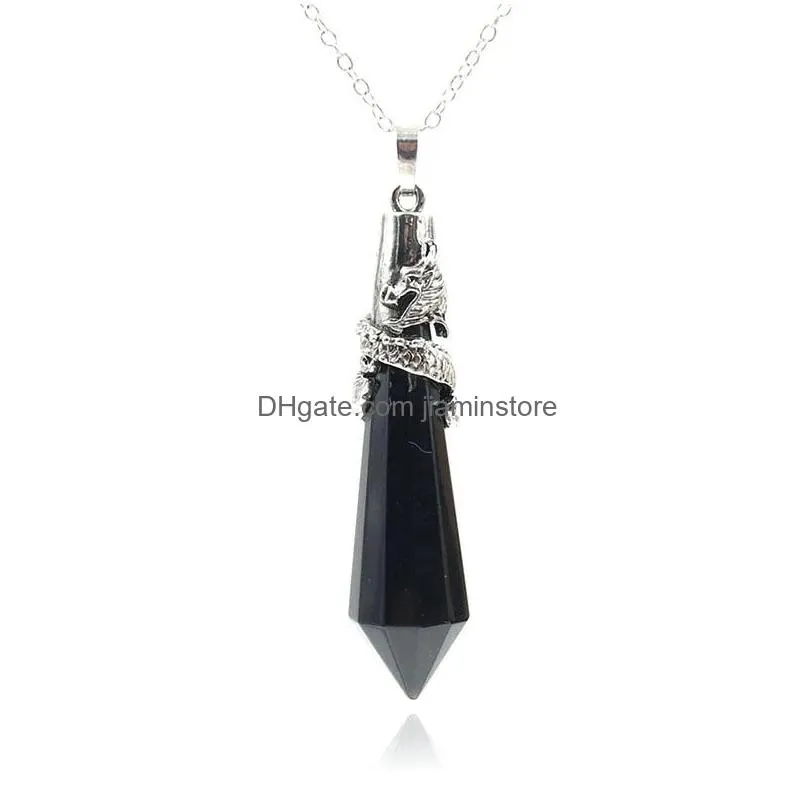 Pendant Necklaces Retro Natural Labradorite Pendulum For Dowsing Stone Geometry Healing Crystals Dragon Necklace WomenPendant