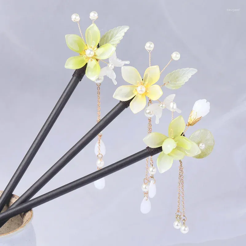 Hair Clips Hairpins For Women Sticks Wood Flower Butterfly Yellow Color Acrylic Chinese Hanfu Hairwear Accessories Female Forks