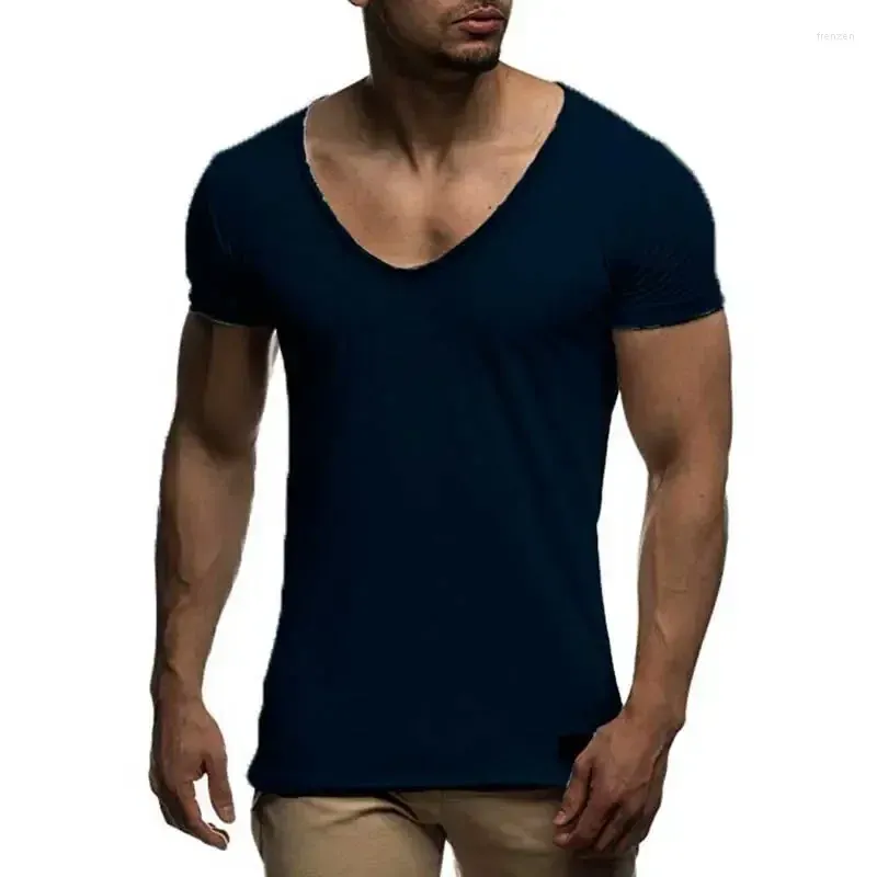 Men`s Suits A2701 Arrival Deep V Neck Short Sleeve Men T Shirt Slim Fit T-shirt Thin Top Tee Casual Summer Tshirt Camisetas Hombre