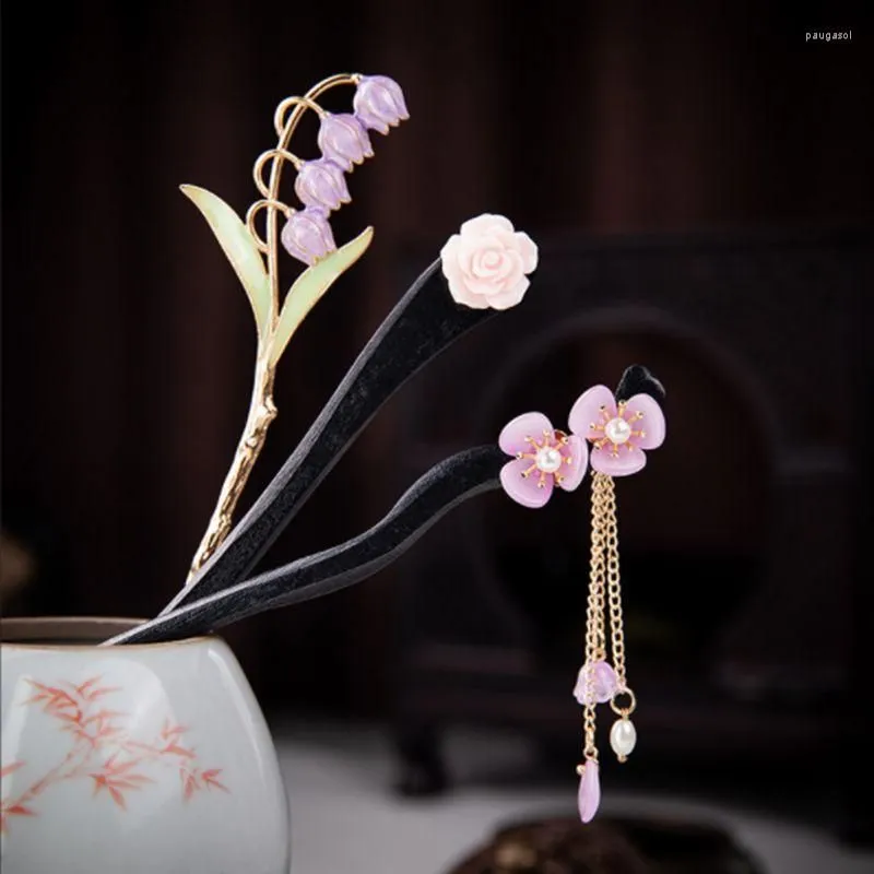 Hair Clips 3pcs/pack Luxury Metal Wooden Stick Flower Hairclips Hanfu Hairpin Accessories For Women