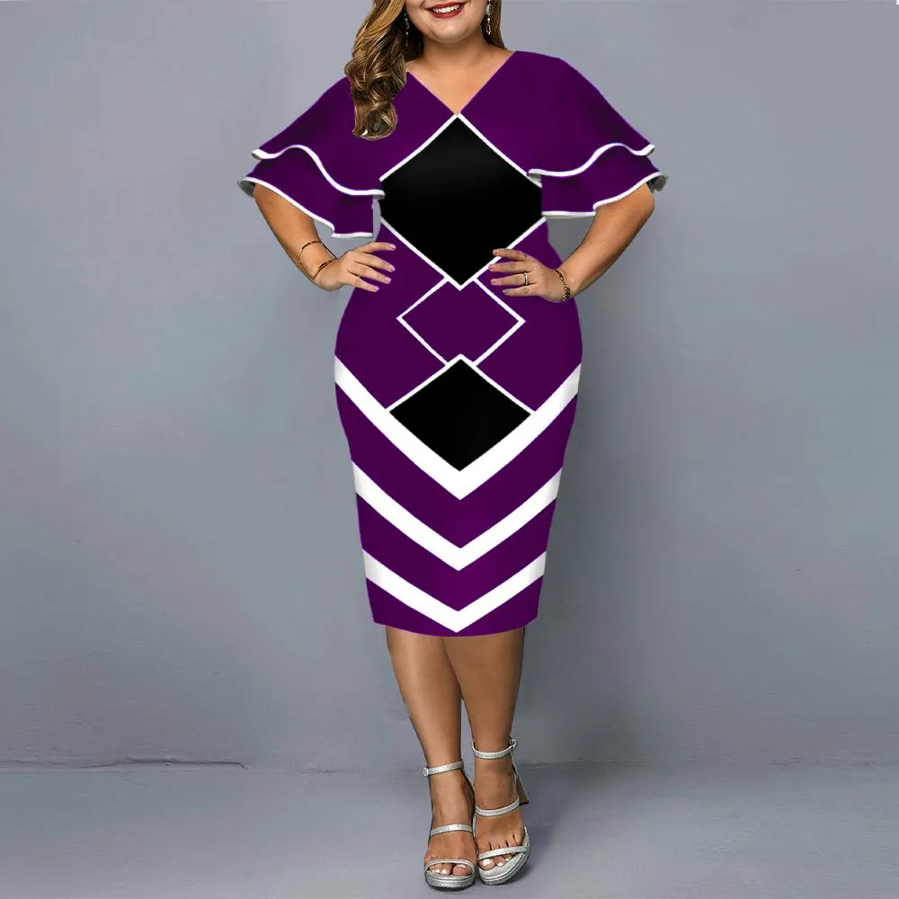 Plus Size Dresses Women Dress Elegant Geometric Print Evening Party Dress Casual Layered Bell Sleeve Office Bodycon Club Outfits