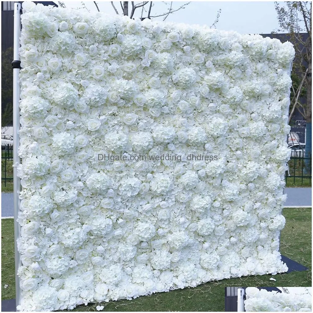 8x8ft white 3d rose flower wall made with fabric rolled up artificial flowers arrangement for wedding backdrop decoration