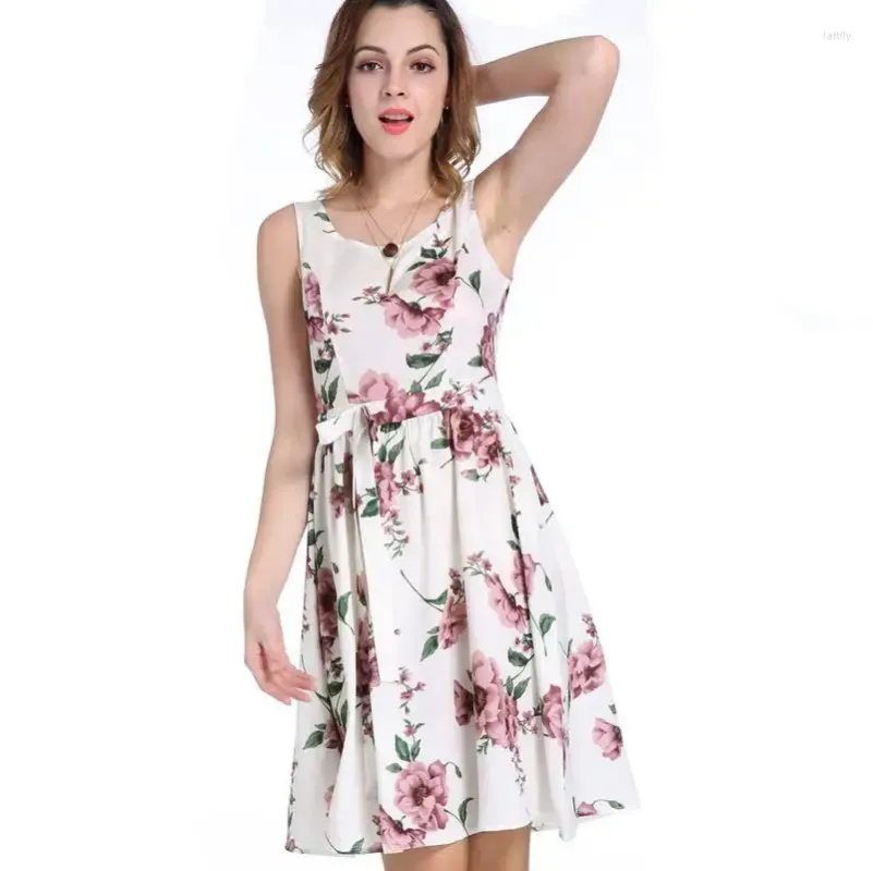 Casual Dresses Summer Selling Round Neck Retro College Winds Sleeveless Halter Back Waist Printed Short Dress