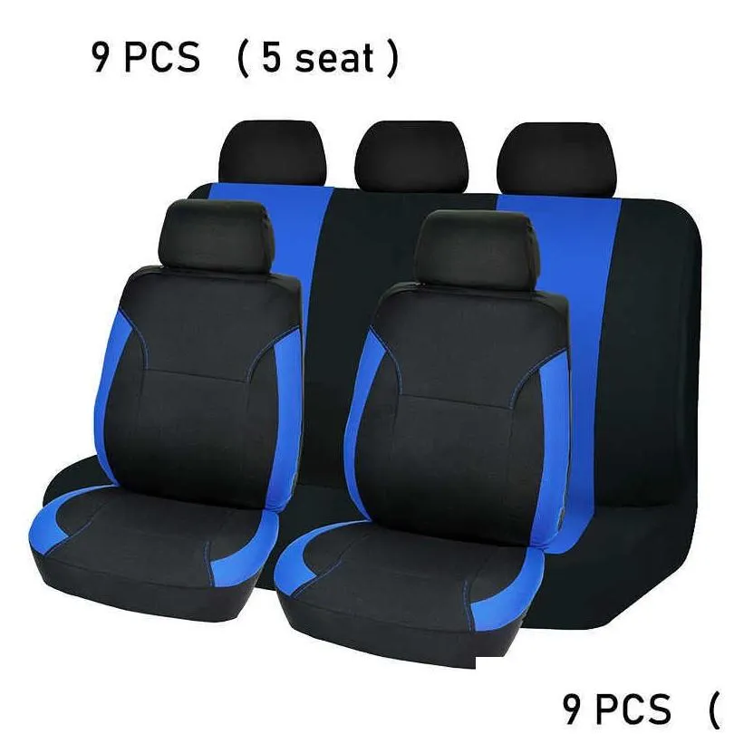 Upgrade Sporty Blue 4/9 Pcs Universal Polyester Car Seat Covers Full Set Airbag Compatible Accessories Interior Auto Part