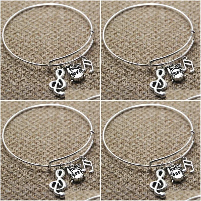 Bangle Bracelets 12Pcs Drums Music Bracelet Treble Clef And Musicnote Charm Bangles Drop Delivery Jewelry Dhha8