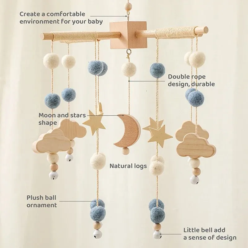 Baby Toy Wooden Mobiles Bed Bell Moon Clouds Rattle For born Developing Diy Accessories Crib Holder Arm Brackets Gifts 240226