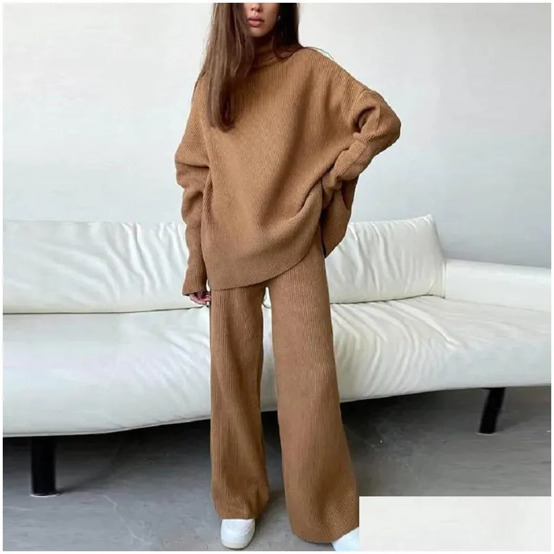 Women`s Two Piece Pants Vintage Women Turtleneck Knitted Set Autumn Winter Long Sleeve Pullover Top Wide Leg Outfits Ladies Solid Suit