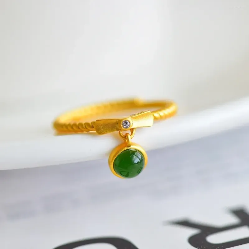 Cluster Rings Grade A Green Jade Pendant Ring 925 Sterling Silver Nephrite Hetian Jades Drop Tassel Golden Adjustable Women