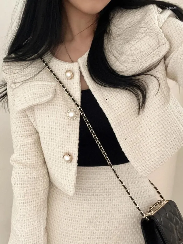 Work Dresses Autumn Winter Single Breasted Tweed Jackets Coat High Waist Mini Skirt Two Piece Woolen Outfits Elegant Luxury Office