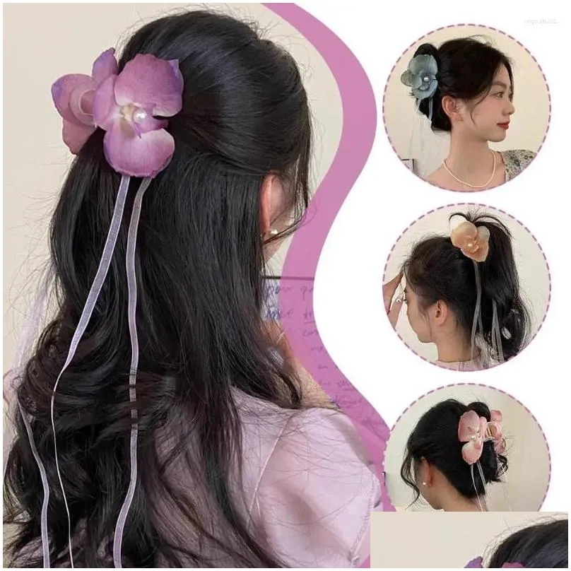 Hair Accessories Trendy Butterfly Orchid Flower Claw Clip Vintage Ribbon Tassel Hairpins Barrettes Girl Ponytail Headwear