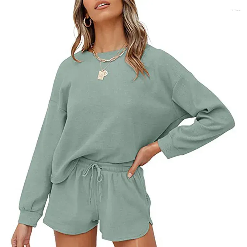 Women`s Blouses Solid Color Crew Neck Loungewear Casual Long Sleeve Drawstring Set