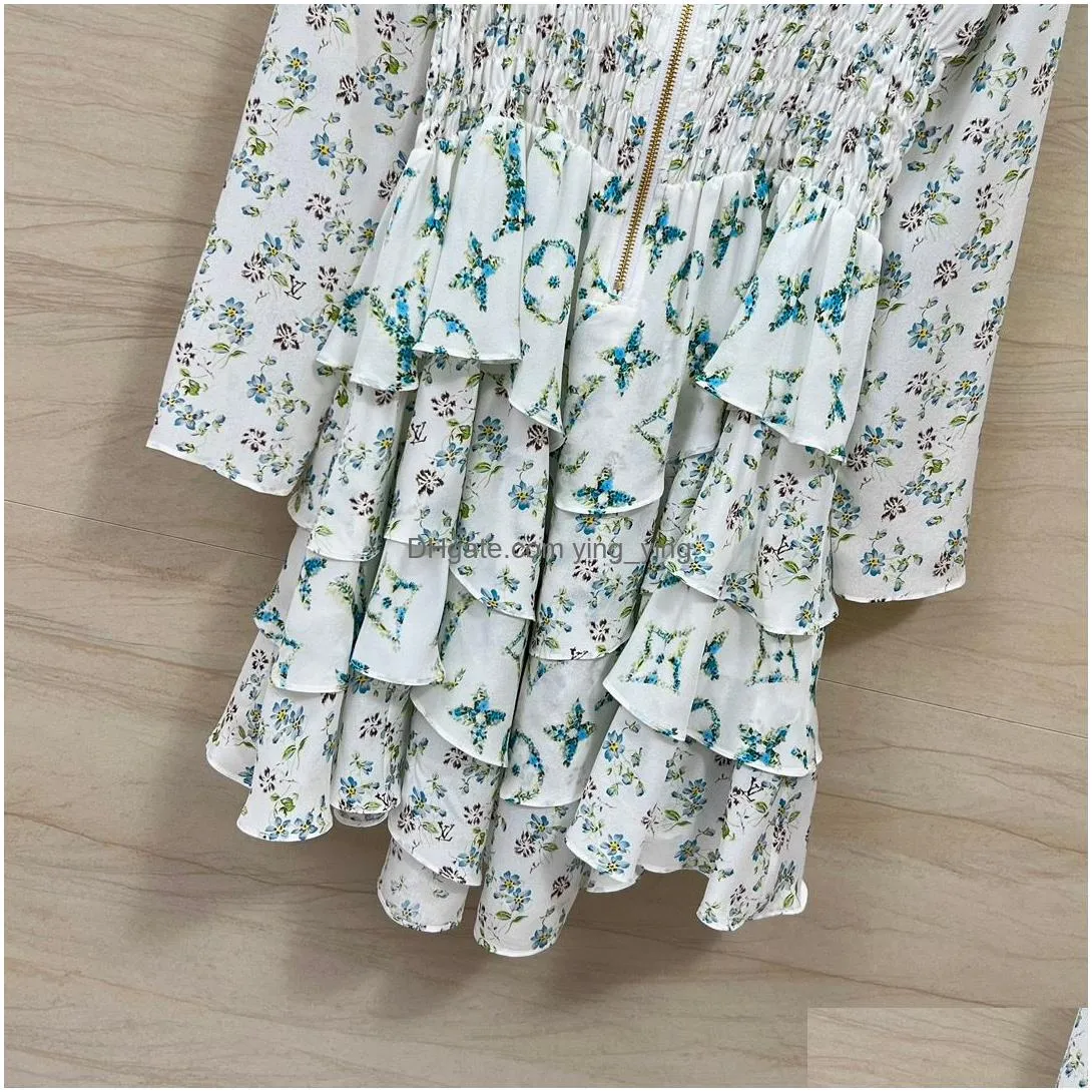  products in spring and summer holiday style small floral design irregular cake skirt hem silk dress