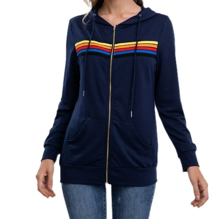 Women`s Hoodies & Sweatshirts Women Fashion Hoodie Oversized Rainbow Stripe Long Sleeve Sweatshirt Zipper Pocket Coat Jacket Spring Casual